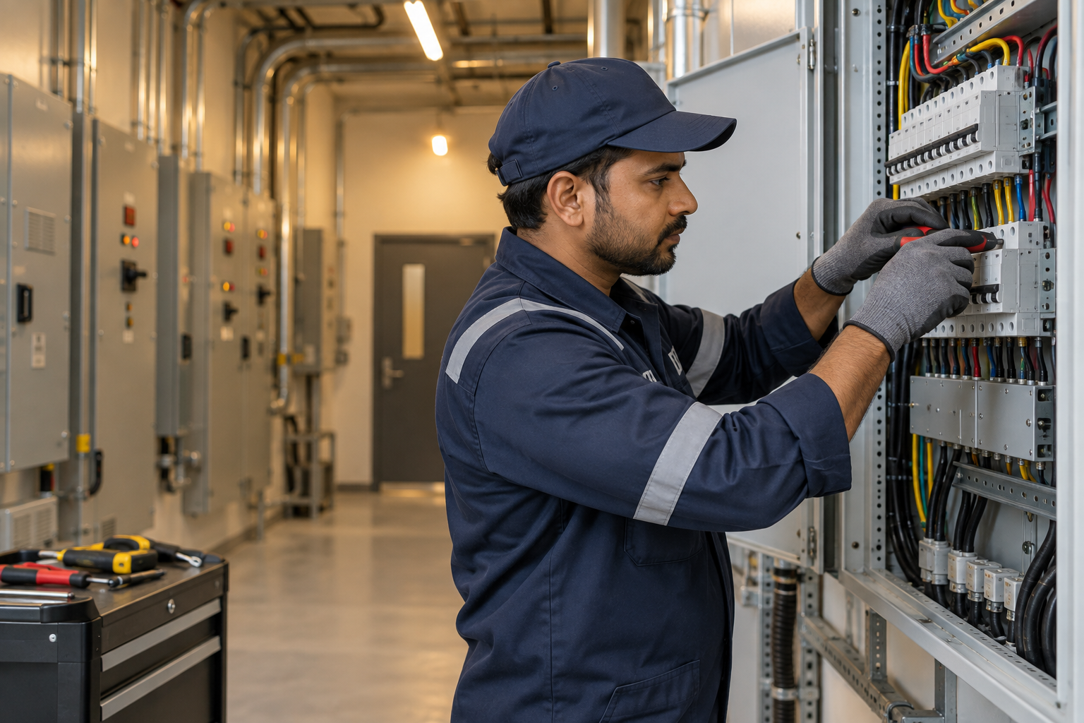 Electrician installing a distribution panel